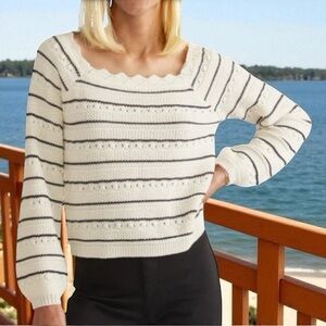 Marine Layer Sara Crochet Top in antique white with navy stripes SZ XL